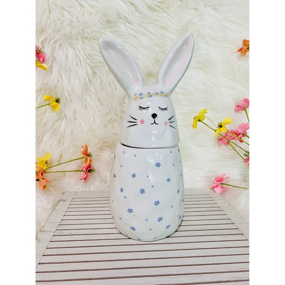 Easter Spring Floral Dimply Ceramic Bunny Canister Jar Home Decor Storage - Picture 2 of 6